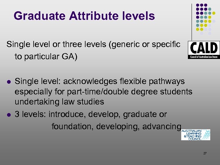 Graduate Attribute levels Single level or three levels (generic or specific to particular GA)