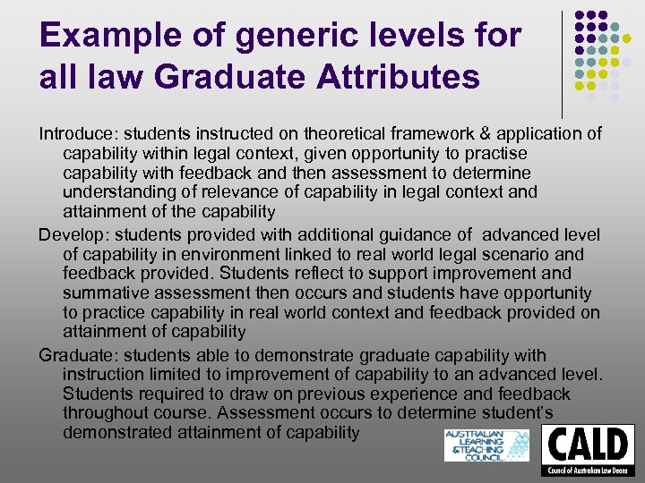 Example of generic levels for all law Graduate Attributes Introduce: students instructed on theoretical
