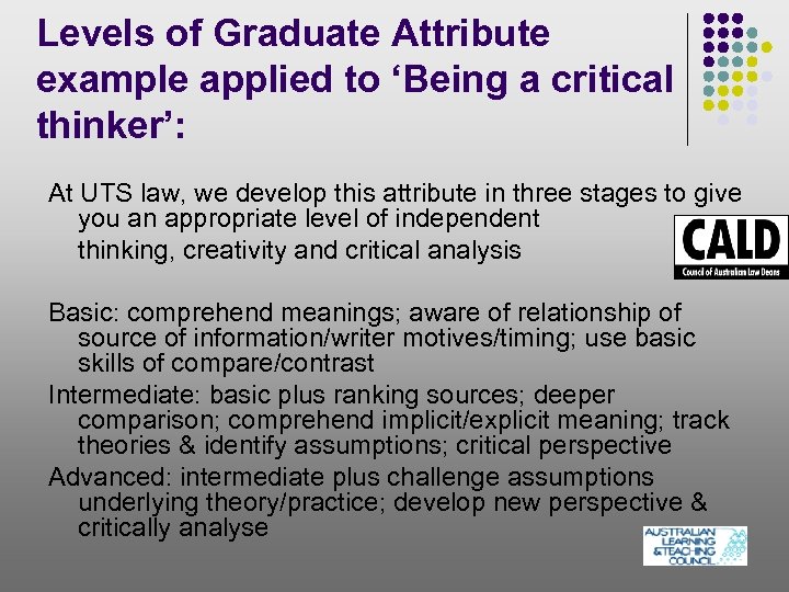 Levels of Graduate Attribute example applied to ‘Being a critical thinker’: At UTS law,