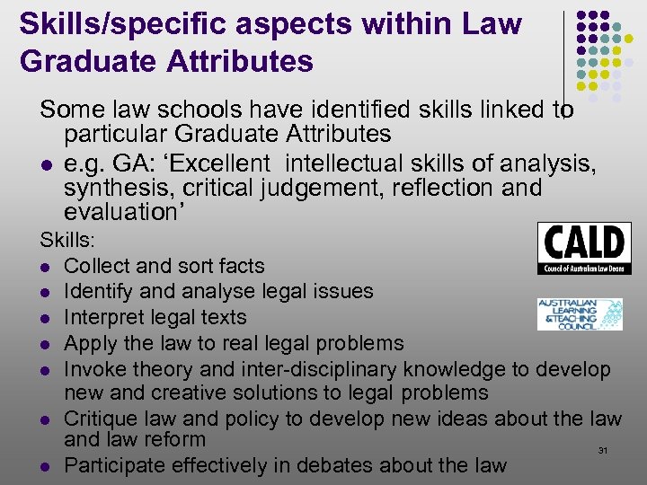 Skills/specific aspects within Law Graduate Attributes Some law schools have identified skills linked to