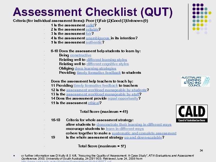 Assessment Checklist (QUT) Criteria (for individual assessment items): Poor (1)Fair (2)Good (3)Unknown (0) §