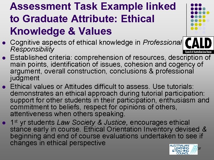 Assessment Task Example linked to Graduate Attribute: Ethical Knowledge & Values l l Cognitive