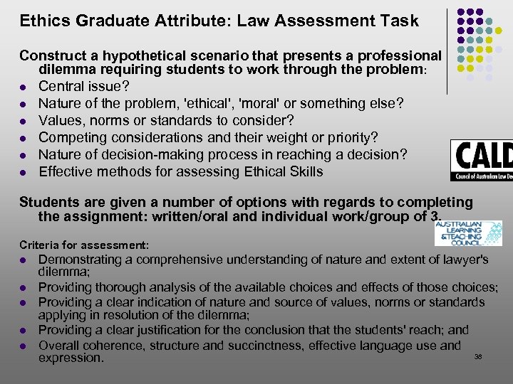 Ethics Graduate Attribute: Law Assessment Task Construct a hypothetical scenario that presents a professional