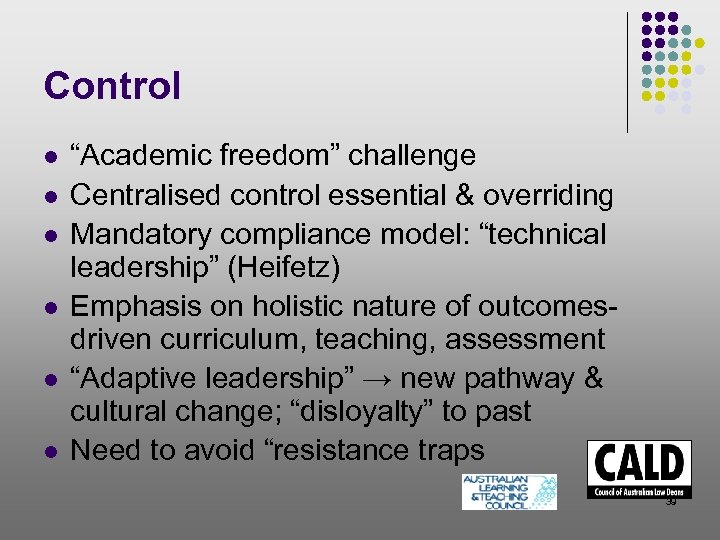 Control l l l “Academic freedom” challenge Centralised control essential & overriding Mandatory compliance