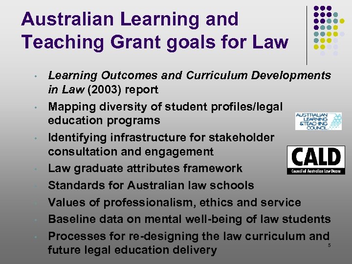 Australian Learning and Teaching Grant goals for Law • • Learning Outcomes and Curriculum