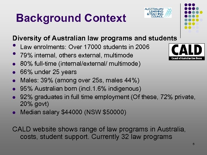 Background Context Diversity of Australian law programs and students • • l l l