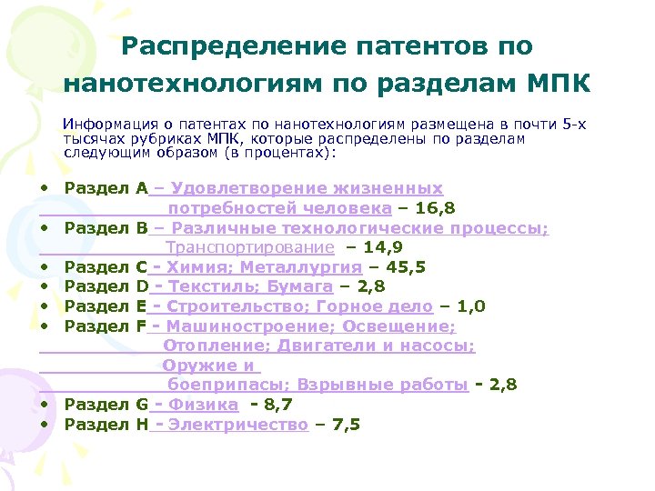 Распределение патентов по нанотехнологиям по разделам МПК Информация о патентах по нанотехнологиям размещена в