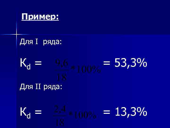 Пример: Для I ряда: Кd = = 53, 3% Для II ряда: Кd =