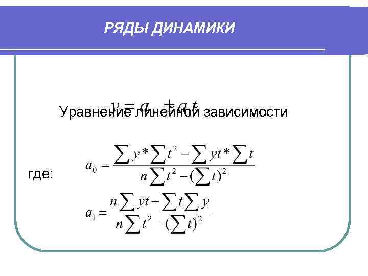 РЯДЫ ДИНАМИКИ Уравнение линейной зависимости где: 