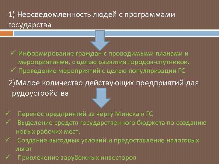 1) Неосведомленность людей с программами государства ü Информирование граждан с проводимыми планами и мероприятиями,