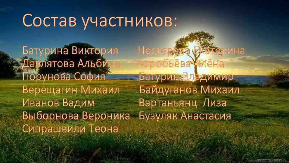 Состав участников: Батурина Виктория Давлятова Альбина Порунова София Верещагин Михаил Иванов Вадим Выборнова Вероника