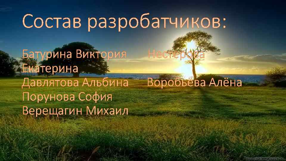 Состав разробатчиков: Батурина Виктория Екатерина Давлятова Альбина Порунова София Верещагин Михаил Нестерова Воробьёва Алёна