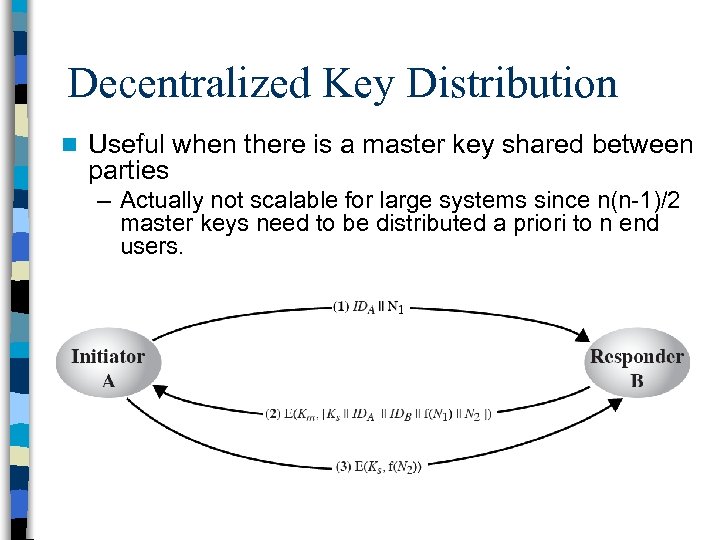 Decentralized Key Distribution n Useful when there is a master key shared between parties
