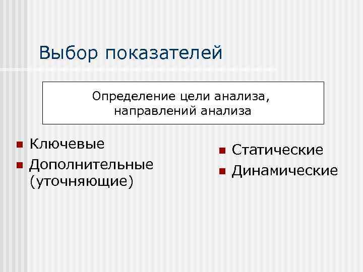Выбор показателей Определение цели анализа, направлений анализа n n Ключевые Дополнительные (уточняющие) n n