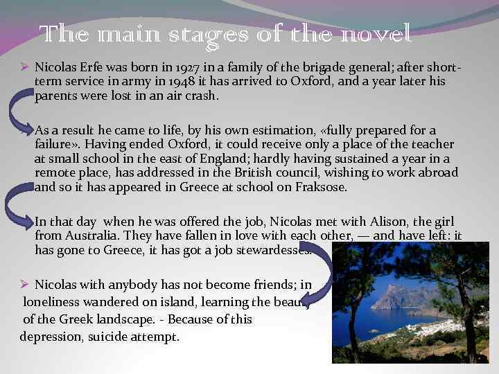 The main stages of the novel Ø Nicolas Erfe was born in 1927 in