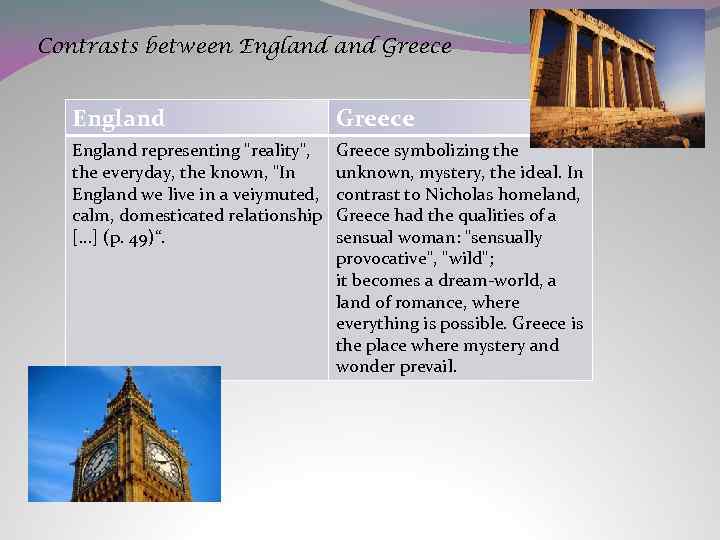 Contrasts between England Greece England representing 