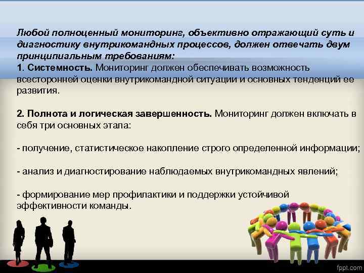 Любой полноценный мониторинг, объективно отражающий суть и диагностику внутрикомандных процессов, должен отвечать двум принципиальным