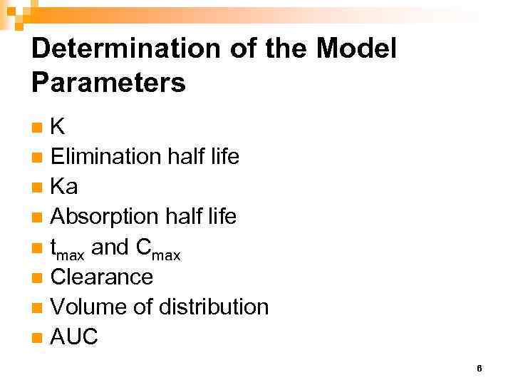 Determination of the Model Parameters K n Elimination half life n Ka n Absorption