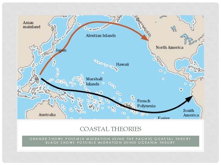 COASTAL THEORIES ORANGE SHOWS POSSIBLE MIGRATION USING THE PACIFIC COASTAL THEORY BLACK SHOWS POSSIBLE