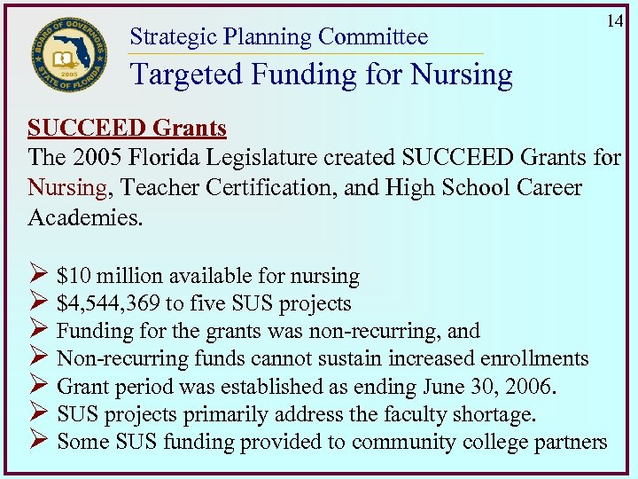 Strategic Planning Committee 14 Targeted Funding for Nursing SUCCEED Grants The 2005 Florida Legislature