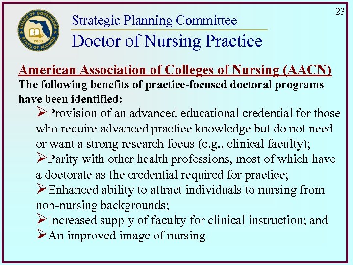 Strategic Planning Committee 23 Doctor of Nursing Practice American Association of Colleges of Nursing