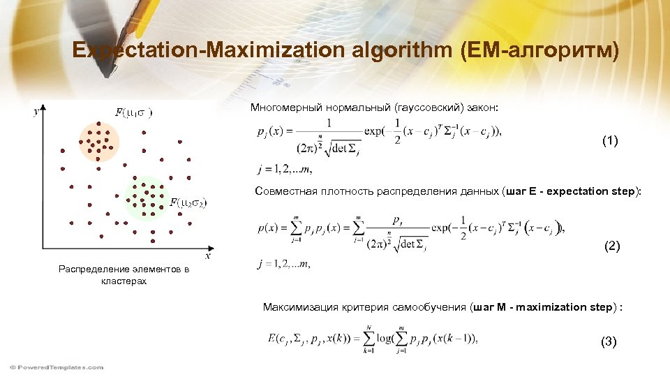 Expectation-Maximization algorithm (ЕМ-алгоритм) Многомерный нормальный (гауссовский) закон: (1) Совместная плотность распределения данных (шаг Е