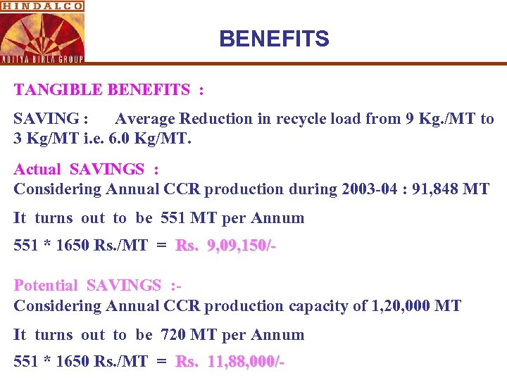 BENEFITS TANGIBLE BENEFITS : SAVING : Average Reduction in recycle load from 9 Kg.