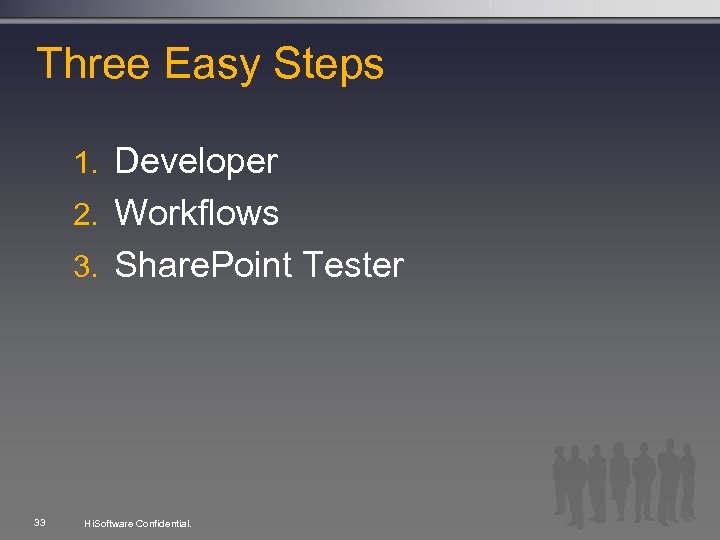 Three Easy Steps 1. Developer 2. Workflows 3. Share. Point Tester 33 Hi. Software