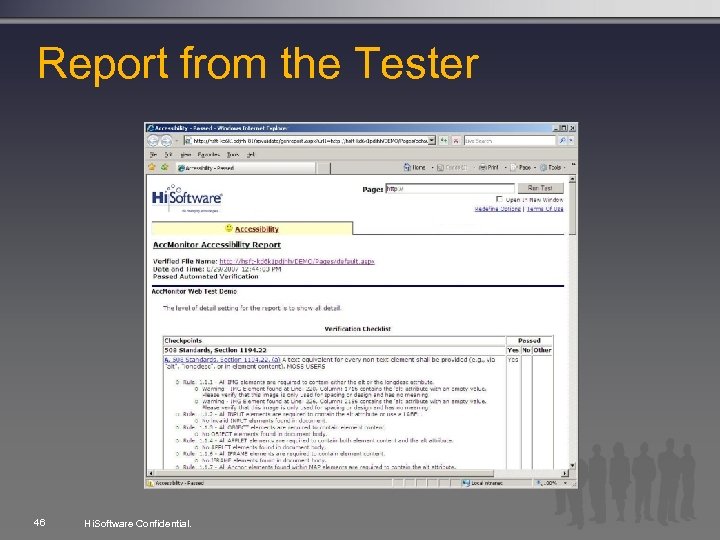 Report from the Tester 46 Hi. Software Confidential. 