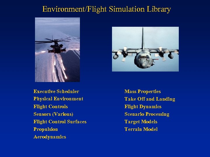 Environment/Flight Simulation Library Executive Scheduler Physical Environment Flight Controls Sensors (Various) Flight Control Surfaces
