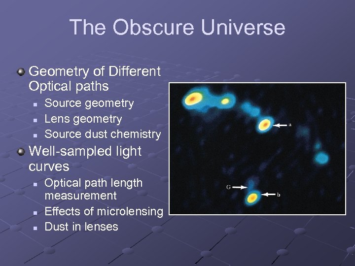 The Obscure Universe Geometry of Different Optical paths n n n Source geometry Lens