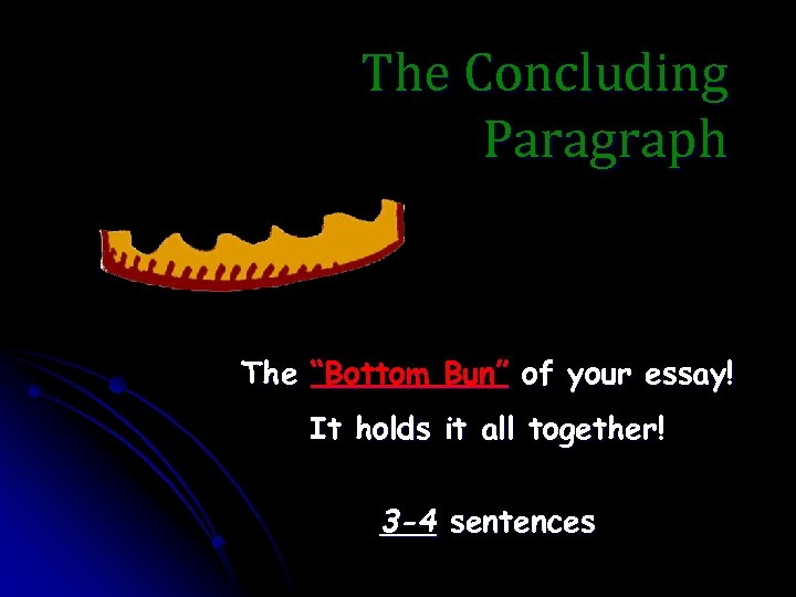 The Concluding Paragraph The “Bottom Bun” of your essay! It holds it all together!