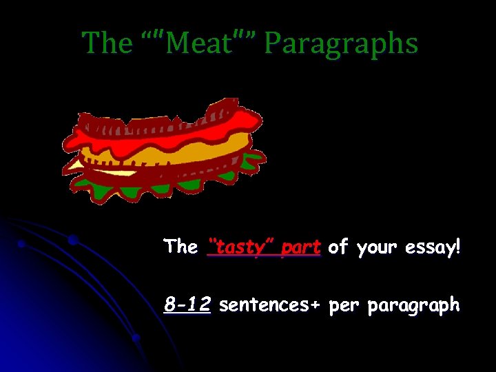 The “”Meat”” Paragraphs The “tasty” part of your essay! 8 -12 sentences+ per paragraph