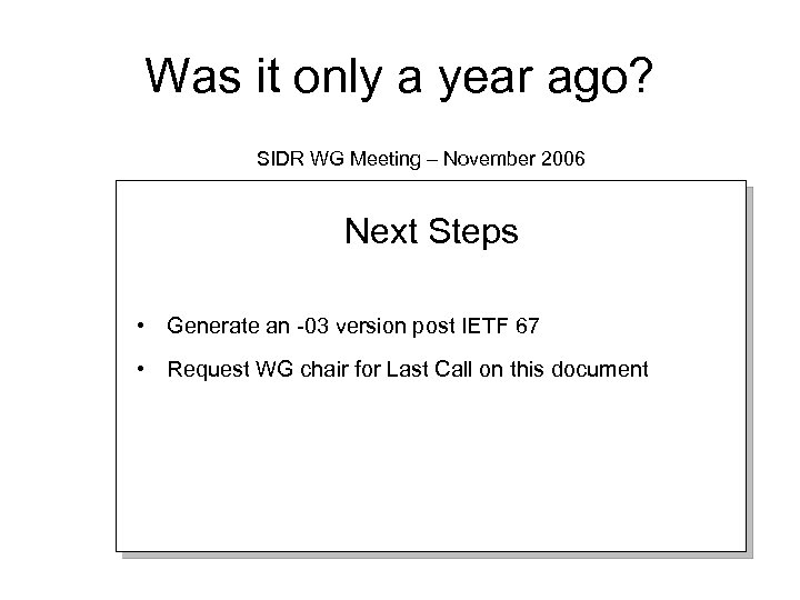 Was it only a year ago? SIDR WG Meeting – November 2006 Next Steps
