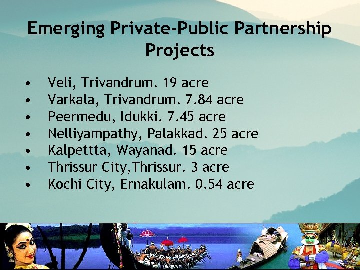 Emerging Private-Public Partnership Projects • • Veli, Trivandrum. 19 acre Varkala, Trivandrum. 7. 84