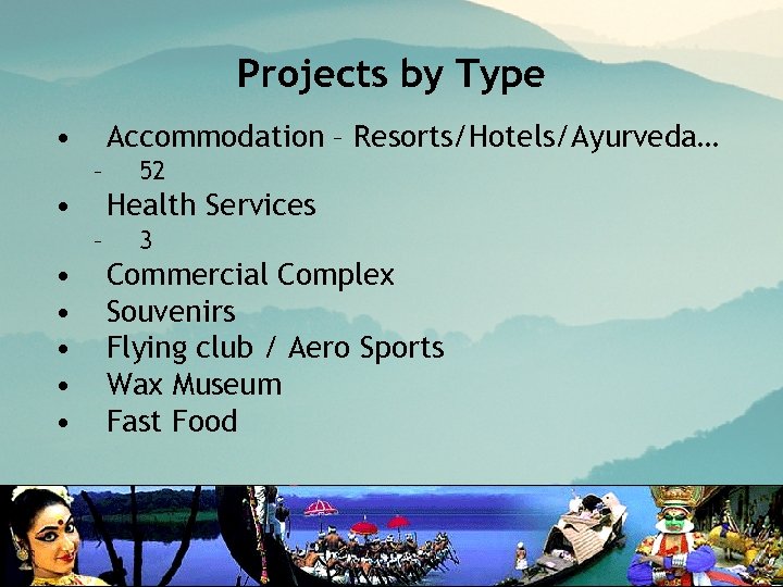 Projects by Type • Accommodation – Resorts/Hotels/Ayurveda… – • Health Services – • •