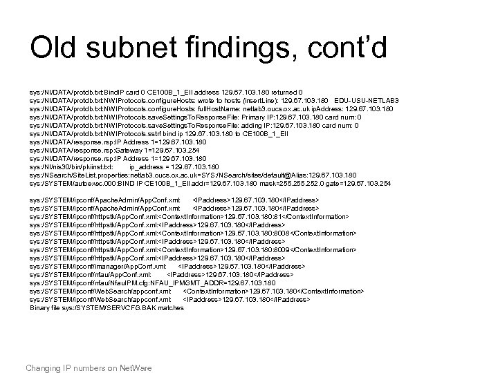 Old subnet findings, cont’d sys: /NI/DATA/protdb. txt: Bind. IP card 0 CE 100 B_1_EII