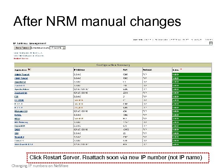 After NRM manual changes Click Restart Server. Reattach soon via new IP number (not