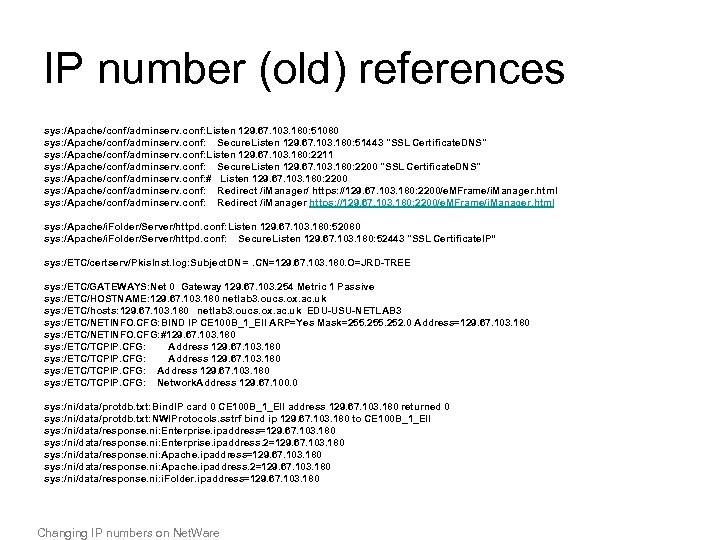 IP number (old) references sys: /Apache/conf/adminserv. conf: Listen 129. 67. 103. 180: 51080 sys: