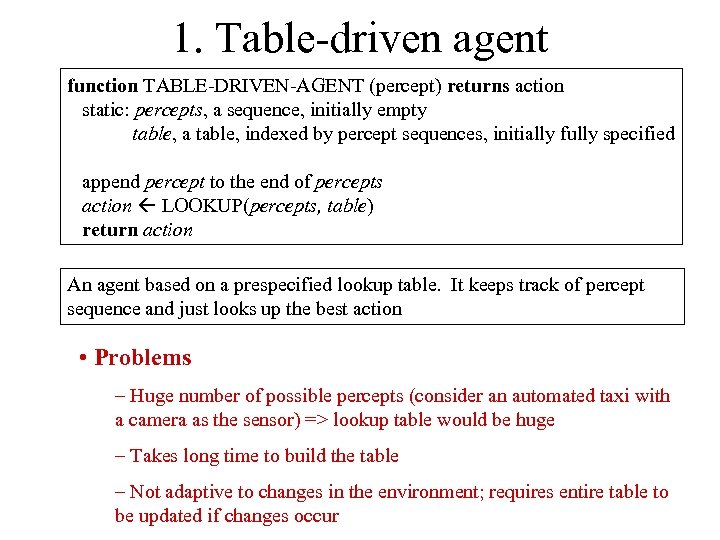 1. Table-driven agent function TABLE-DRIVEN-AGENT (percept) returns action static: percepts, a sequence, initially empty