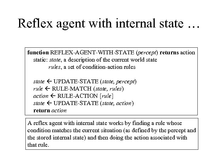 Reflex agent with internal state … function REFLEX-AGENT-WITH-STATE (percept) returns action static: state, a