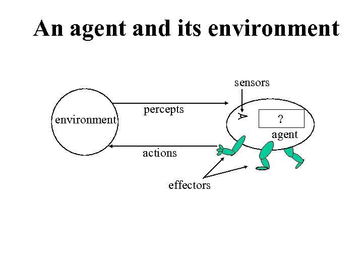 An agent and its environment sensors environment percepts actions effectors ? agent 