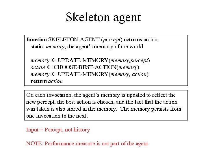 Skeleton agent function SKELETON-AGENT (percept) returns action static: memory, the agent’s memory of the