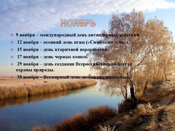 9 ноября – международный день антиядерных действий. 12 ноября – осенний день птиц