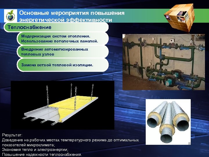 Основные мероприятия повышения энергетической эффективности Теплоснабжение Модернизация систем отопления. Использование потолочных панелей. Внедрение автоматизированных