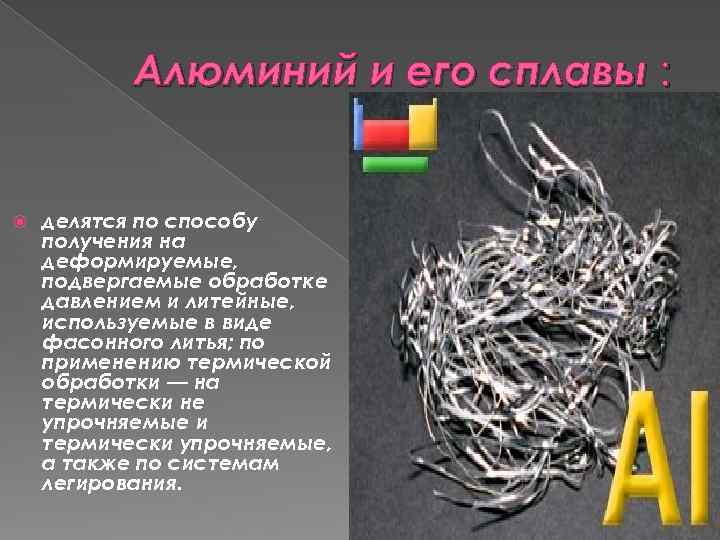 Алюминий и его сплавы : делятся по способу получения на деформируемые, подвергаемые обработке давлением