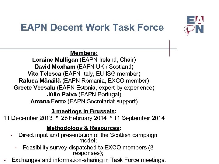 EAPN Decent Work Task Force Members: Loraine Mulligan (EAPN Ireland, Chair) David Moxham (EAPN
