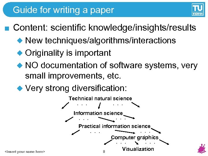 Guide for writing a paper Content: scientific knowledge/insights/results New techniques/algorithms/interactions Originality is important NO