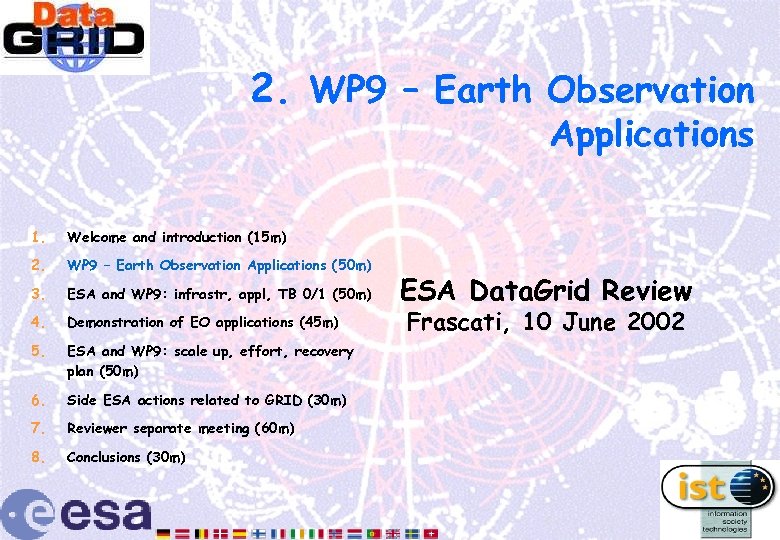 2. WP 9 – Earth Observation Applications 1. Welcome and introduction (15 m) 2.