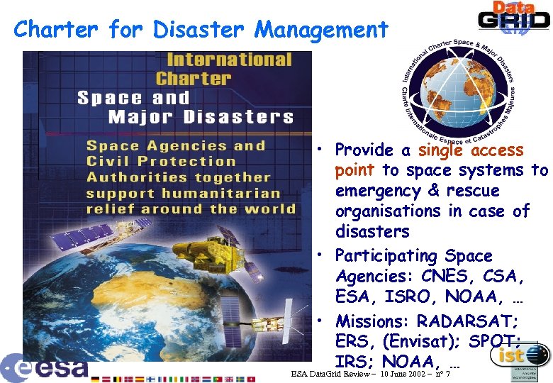 Charter for Disaster Management • Provide a single access point to space systems to